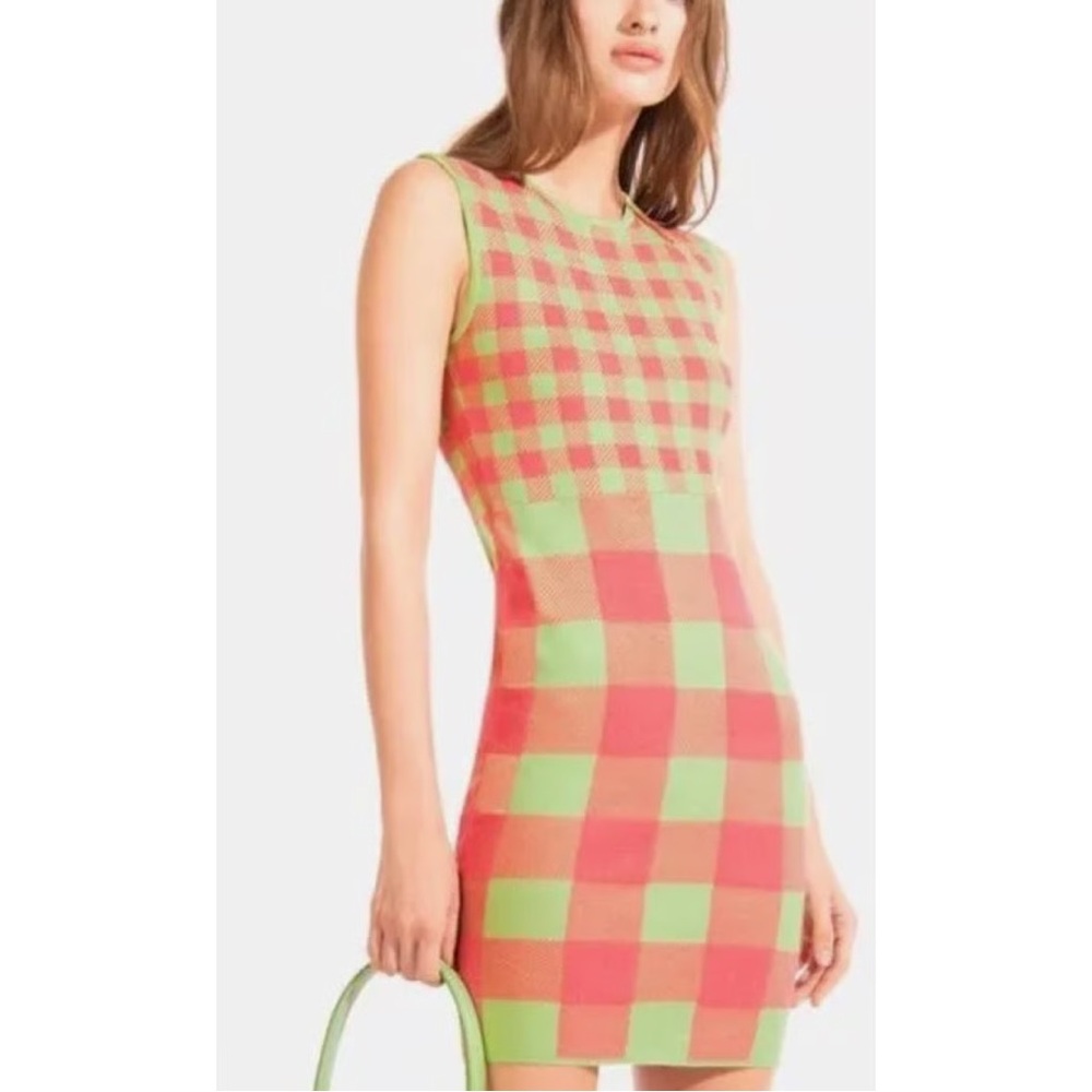 STAUD Green and Pink Checkered Mini Dress